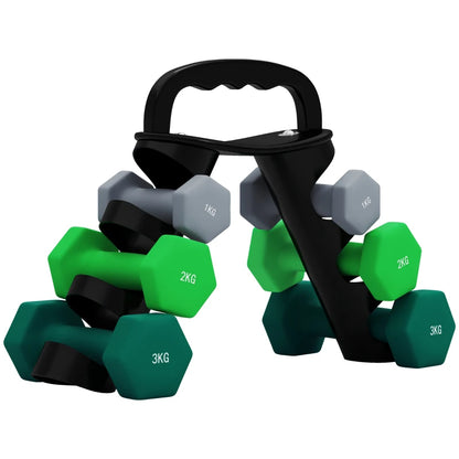 SPORTNOW Set 6 Manubri Pesi (2x1 kg, 2x2 kg, 2x3 kg) da 12 kg con Supporto/Kettlebell, in Metallo e Plastica Multicolore