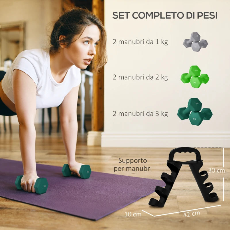 SPORTNOW Set 6 Manubri Pesi (2x1 kg, 2x2 kg, 2x3 kg) da 12 kg con Supporto/Kettlebell, in Metallo e Plastica Multicolore