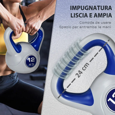 SPORTNOW Kettlebell 12kg in PU e Sabbia con Base Piatta e Impugnatura per Stacchi, Squat e Sollevamenti, 24x17x28 cm, Blu