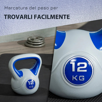 SPORTNOW Kettlebell 12kg in PU e Sabbia con Base Piatta e Impugnatura per Stacchi, Squat e Sollevamenti, 24x17x28 cm, Blu