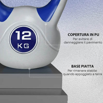 SPORTNOW Kettlebell 12kg in PU e Sabbia con Base Piatta e Impugnatura per Stacchi, Squat e Sollevamenti, 24x17x28 cm, Blu