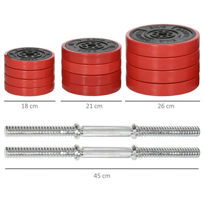 HOMCOM Set Manubri Palestra con Pesi da 40kg rivestiti in Gomma, in Metallo e Sabbia di Ferro, 45x26x26 cm, Rossa