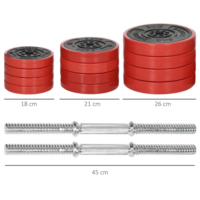 HOMCOM Set Manubri Palestra con Pesi da 40kg rivestiti in Gomma, in Metallo e Sabbia di Ferro, 45x26x26 cm, Rossa