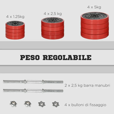 HOMCOM Set Manubri Palestra con Pesi da 40kg rivestiti in Gomma, in Metallo e Sabbia di Ferro, 45x26x26 cm, Rossa