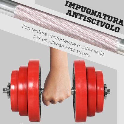 HOMCOM Set Manubri Palestra con Pesi da 40kg rivestiti in Gomma, in Metallo e Sabbia di Ferro, 45x26x26 cm, Rossa