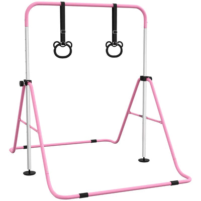HOMCOM Sbarra Ginnastica Artistica per Bambini ad Altezza Regolabile con 2 Anelli, in Acciaio, 148x105x88-128 cm, Rosa