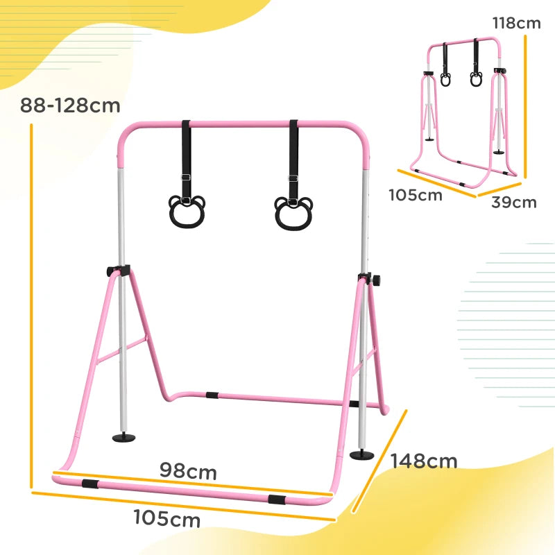 HOMCOM Sbarra Ginnastica Artistica per Bambini ad Altezza Regolabile con 2 Anelli, in Acciaio, 148x105x88-128 cm, Rosa