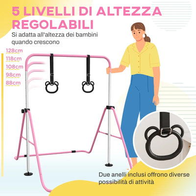 HOMCOM Sbarra Ginnastica Artistica per Bambini ad Altezza Regolabile con 2 Anelli, in Acciaio, 148x105x88-128 cm, Rosa