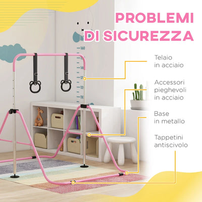 HOMCOM Sbarra Ginnastica Artistica per Bambini ad Altezza Regolabile con 2 Anelli, in Acciaio, 148x105x88-128 cm, Rosa