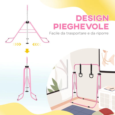 HOMCOM Sbarra Ginnastica Artistica per Bambini ad Altezza Regolabile con 2 Anelli, in Acciaio, 148x105x88-128 cm, Rosa