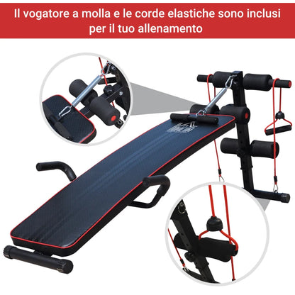 HOMCOM Panca Multifunzione con Vogatore a Molla e Schienale Regolabile e 2 Corde Elastiche, 55.5x137.5 cm Nero