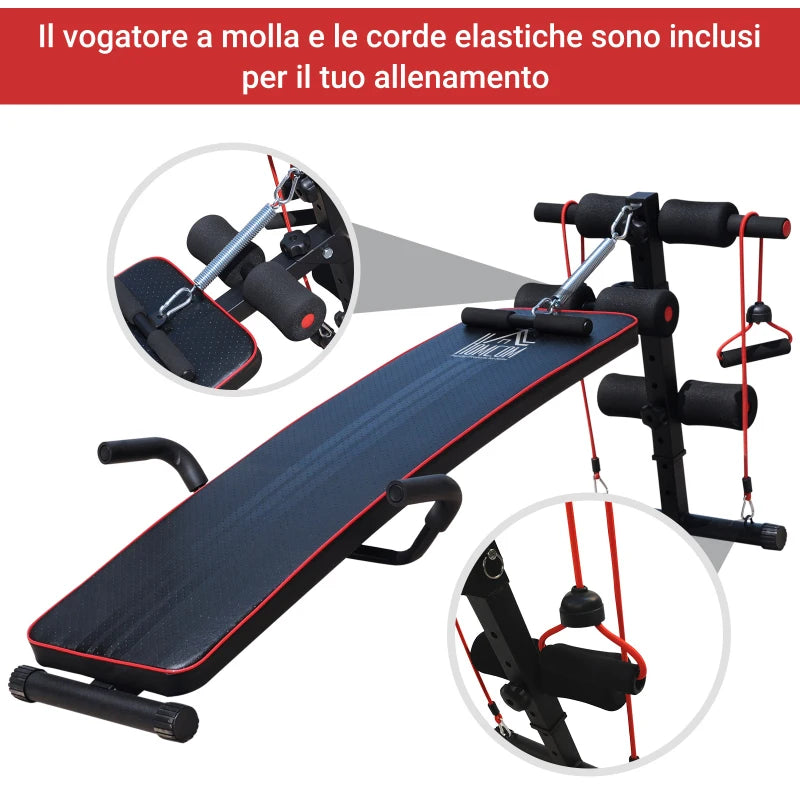 HOMCOM Panca Multifunzione con Vogatore a Molla e Schienale Regolabile e 2 Corde Elastiche, 55.5x137.5 cm Nero