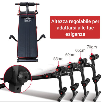 HOMCOM Panca Multifunzione con Vogatore a Molla e Schienale Regolabile e 2 Corde Elastiche, 55.5x137.5 cm Nero