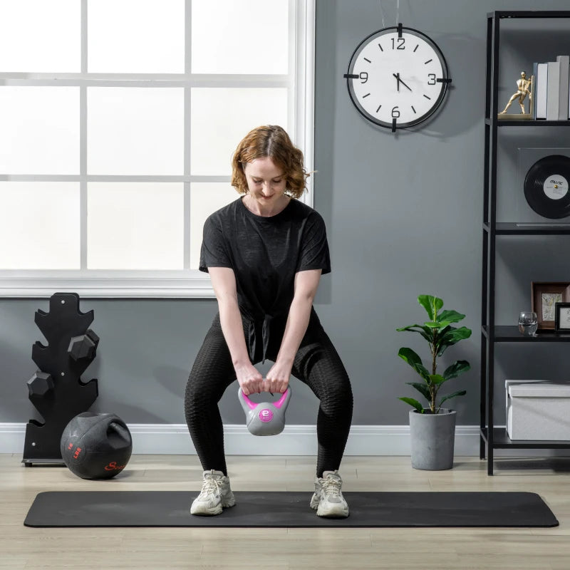 SPORTNOW Kettlebell 8kg in PU e Sabbia con Base Piatta e Impugnatura per Stacchi, Squat e Sollevamenti, 18x10x20 cm, Rosa