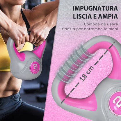SPORTNOW Kettlebell 8kg in PU e Sabbia con Base Piatta e Impugnatura per Stacchi, Squat e Sollevamenti, 18x10x20 cm, Rosa