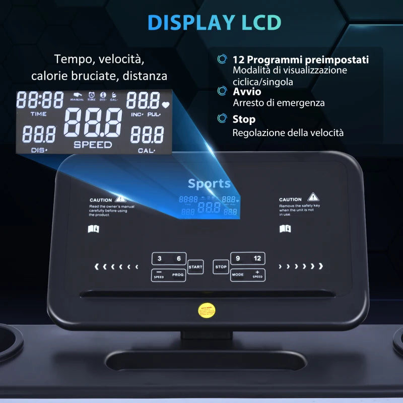 HOMCOM Tapis Roulant Elettrico Pieghevole 1-12km/h, Tapis Roulant Salvaspazio con 12 Programmi Preimpostati, Display LCD e Supporto per Tablet, per Camminata e Corsa, Compatto per Casa e Ufficio, Nero