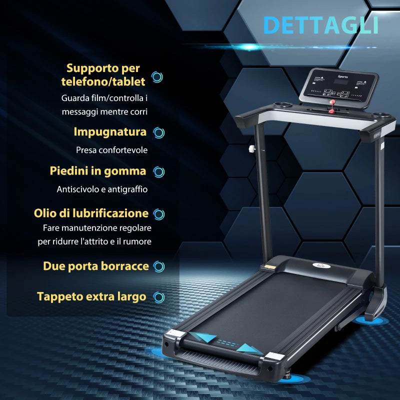 HOMCOM Tapis Roulant Elettrico Pieghevole 1-12km/h, Tapis Roulant Salvaspazio con 12 Programmi Preimpostati, Display LCD e Supporto per Tablet, per Camminata e Corsa, Compatto per Casa e Ufficio, Nero