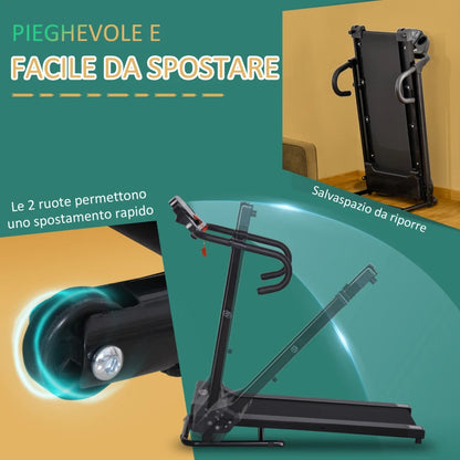 HOMCOM Tapis Roulant Elettrico Pieghevole Salvaspazio, Tapis Roulant Professionale con Display LCD, Velocità 0.8-10km/h e 12 Programmi, Potenza 500W, per Casa e Ufficio, Nero