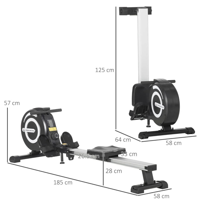 HOMCOM Vogatore Magnetico Pieghevole per Allenamento a Casa, Volano Regolabile su 8 Livelli e Monitor LCD, 185x58x57cm, Nero