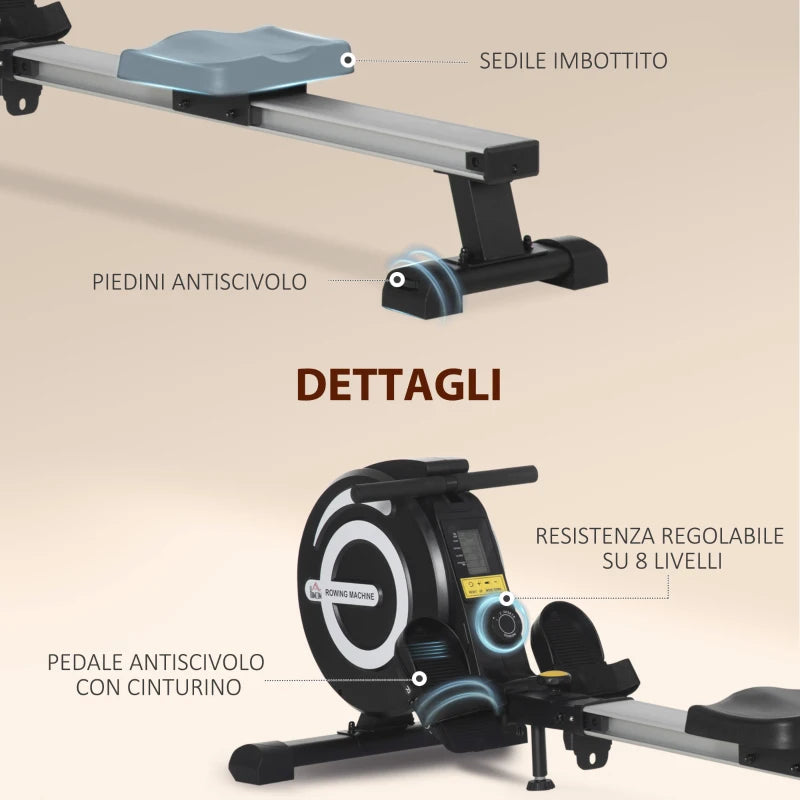 HOMCOM Vogatore Magnetico Pieghevole per Allenamento a Casa, Volano Regolabile su 8 Livelli e Monitor LCD, 185x58x57cm, Nero