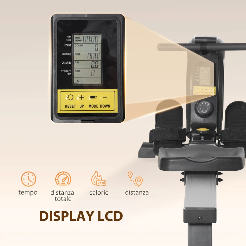 HOMCOM Vogatore Magnetico Pieghevole per Allenamento a Casa, Volano Regolabile su 8 Livelli e Monitor LCD, 185x58x57cm, Nero
