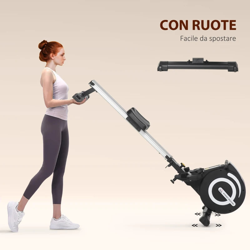 HOMCOM Vogatore Magnetico Pieghevole per Allenamento a Casa, Volano Regolabile su 8 Livelli e Monitor LCD, 185x58x57cm, Nero
