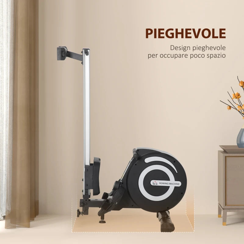 HOMCOM Vogatore Magnetico Pieghevole per Allenamento a Casa, Volano Regolabile su 8 Livelli e Monitor LCD, 185x58x57cm, Nero
