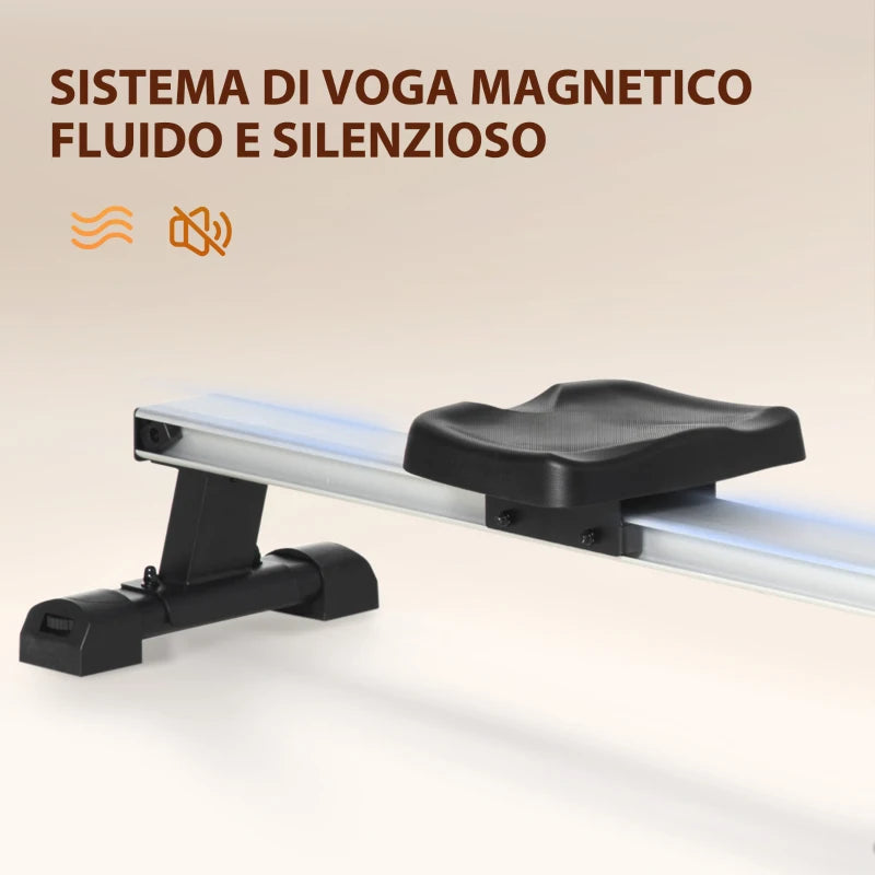HOMCOM Vogatore Magnetico Pieghevole per Allenamento a Casa, Volano Regolabile su 8 Livelli e Monitor LCD, 185x58x57cm, Nero