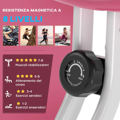 HOMCOM Cyclette Pieghevole da Fitness in Acciaio, Cyclette Magnetica Pieghevole da Casa con Altezza Regolabile, Resistenza Magnetica a 8 Livelli, Schermo LCD, 43x97x109cm, Rosa