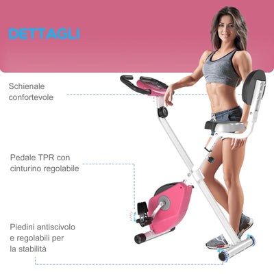 HOMCOM Cyclette Pieghevole da Fitness in Acciaio, Cyclette Magnetica Pieghevole da Casa con Altezza Regolabile, Resistenza Magnetica a 8 Livelli, Schermo LCD, 43x97x109cm, Rosa