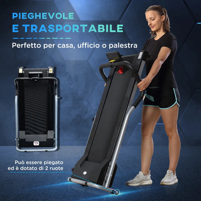 HOMCOM Tapis Roulant Elettrico e Pieghevole con Schermo LCD e 2 Ruote per Allenamento a Casa o in Ufficio, Motore 500W Velocità 10km/h