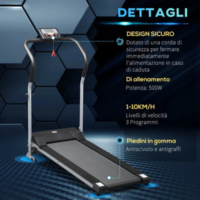 HOMCOM Tapis Roulant Elettrico e Pieghevole con Schermo LCD e 2 Ruote per Allenamento a Casa o in Ufficio, Motore 500W Velocità 10km/h