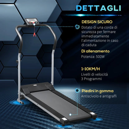 HOMCOM Tapis Roulant Elettrico e Pieghevole con Schermo LCD e 2 Ruote per Allenamento a Casa o in Ufficio, Motore 500W Velocità 10km/h