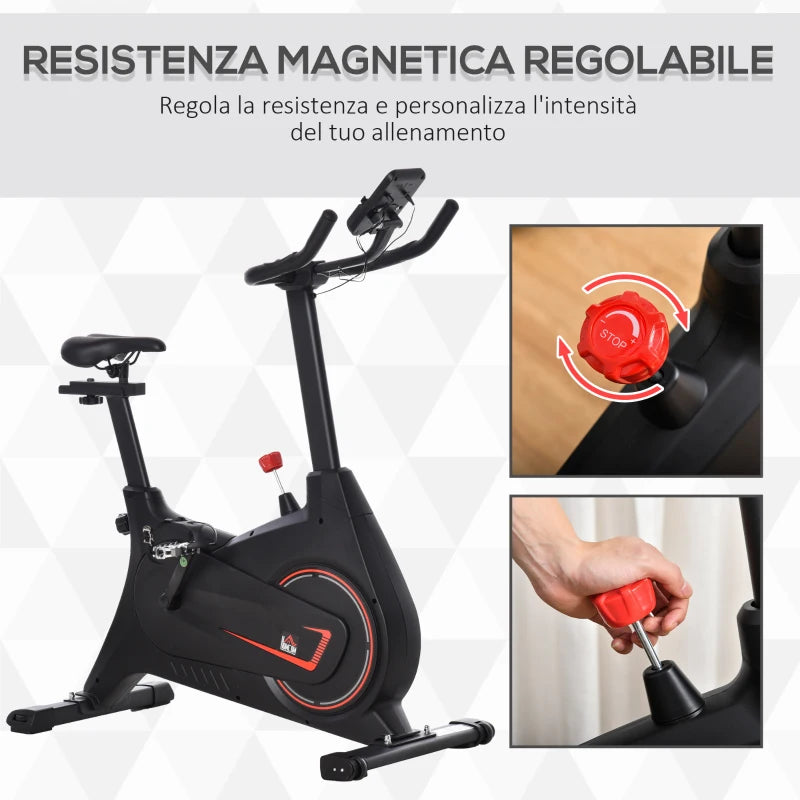 HOMCOM Cyclette Magnetica Professionale da Camera in Acciaio e ABS con Sellino Regolabile, 102x50x120cm, Nero