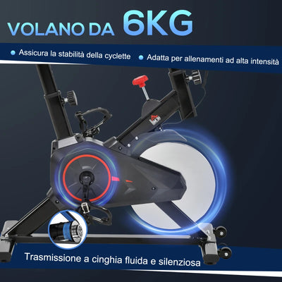 HOMCOM Cyclette da Casa con Resistenza Regolabile, Cyclette Professionale da Camera con Sella e Manubrio Regolabile, Monitor LCD, Sensore Battito Cardiaco Porta Celullare e Volano 6kg, Max.100kg