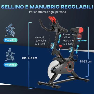 HOMCOM Cyclette da Casa con Resistenza Regolabile, Cyclette Professionale da Camera con Sella e Manubrio Regolabile, Monitor LCD, Sensore Battito Cardiaco Porta Celullare e Volano 6kg, Max.100kg