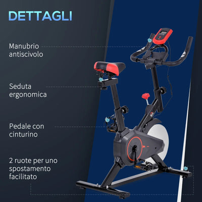 HOMCOM Cyclette da Casa con Resistenza Regolabile, Cyclette Professionale da Camera con Sella e Manubrio Regolabile, Monitor LCD, Sensore Battito Cardiaco Porta Celullare e Volano 6kg, Max.100kg