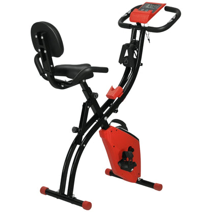 HOMCOM Cyclette Pieghevole 2 in 1, Resistenza Magnetica Regolabile 8 Livelli, Cyclette da Casa Silenziosa con Sensore di Frequenza Cardiaca, Elastici per Braccia, Schermo LCD, Volano 2.5kg, Rosso