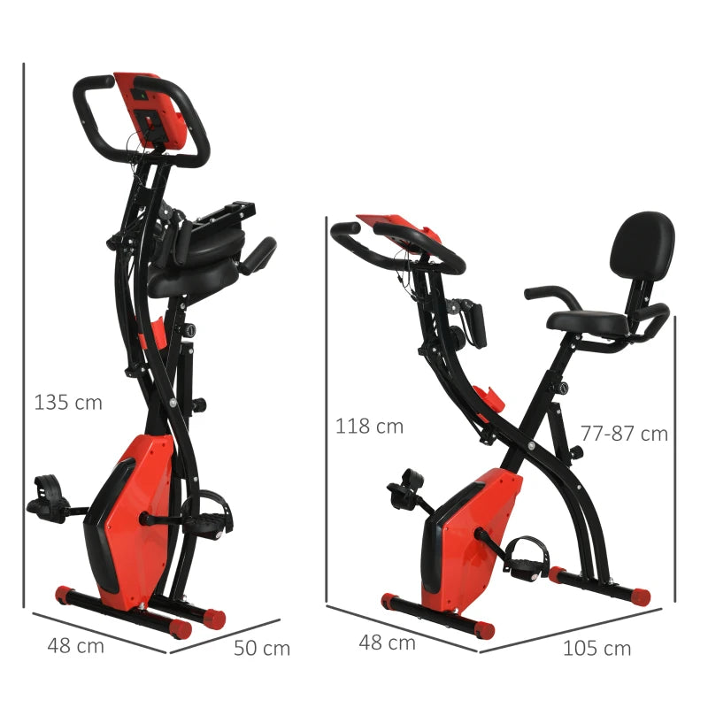 HOMCOM Cyclette Pieghevole 2 in 1, Resistenza Magnetica Regolabile 8 Livelli, Cyclette da Casa Silenziosa con Sensore di Frequenza Cardiaca, Elastici per Braccia, Schermo LCD, Volano 2.5kg, Rosso