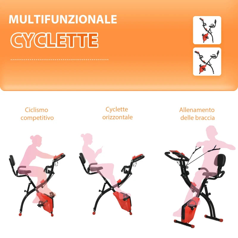 HOMCOM Cyclette Pieghevole 2 in 1, Resistenza Magnetica Regolabile 8 Livelli, Cyclette da Casa Silenziosa con Sensore di Frequenza Cardiaca, Elastici per Braccia, Schermo LCD, Volano 2.5kg, Rosso