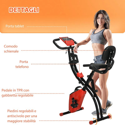 HOMCOM Cyclette Pieghevole 2 in 1, Resistenza Magnetica Regolabile 8 Livelli, Cyclette da Casa Silenziosa con Sensore di Frequenza Cardiaca, Elastici per Braccia, Schermo LCD, Volano 2.5kg, Rosso