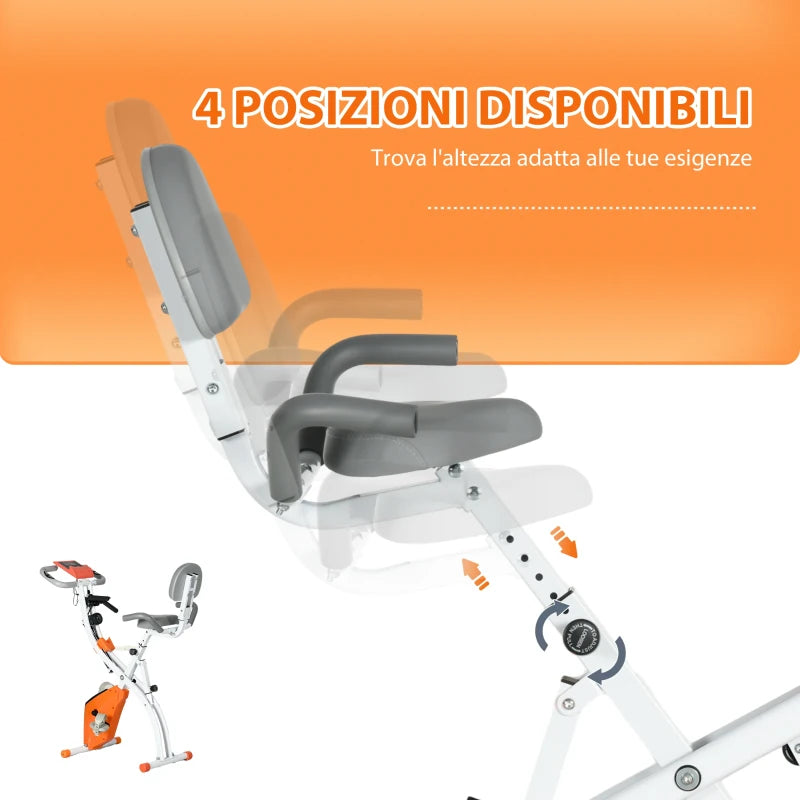 HOMCOM Cyclette Pieghevole con Resistenza Magnetica 8 Livelli, Sensore di Frequenza Cardiaca, Volano 2.5kg, Arancione