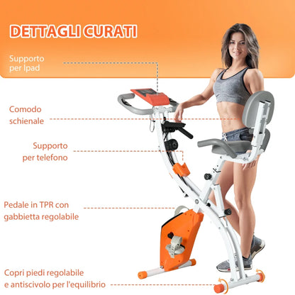 HOMCOM Cyclette Pieghevole con Resistenza Magnetica 8 Livelli, Sensore di Frequenza Cardiaca, Volano 2.5kg, Arancione