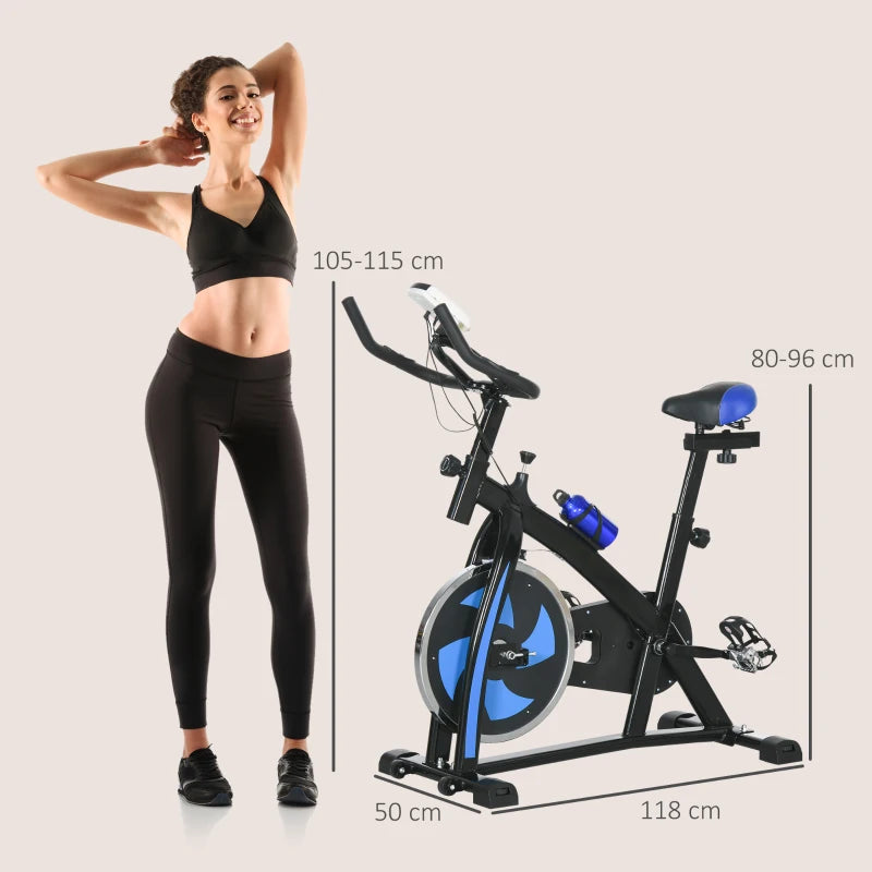 SPORTNOW Cyclette da Casa con Manubrio e Sella Regolabile e Monitor LCD, in Acciaio e ABS, 118x50x105-115 cm, Blu