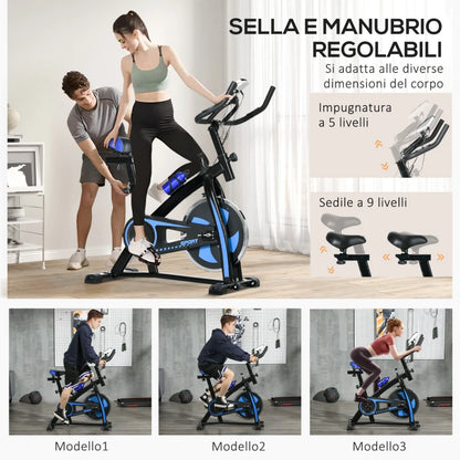 SPORTNOW Cyclette da Casa con Manubrio e Sella Regolabile e Monitor LCD, in Acciaio e ABS, 118x50x105-115 cm, Blu