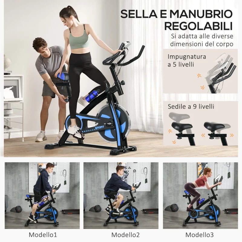 SPORTNOW Cyclette da Casa con Manubrio e Sella Regolabile e Monitor LCD, in Acciaio e ABS, 118x50x105-115 cm, Blu