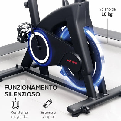 SPORTNOW Cyclette Magnetica con Volano 10 kg, Sedile e Manubrio Regolabili, Monitor LCD, Porta Tablet, Nero