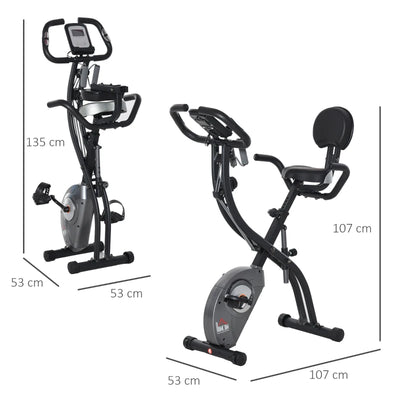 HOMCOM Cyclette Pieghevole con Schienale, Bande Elastiche e 8 Livelli di Resistenza Regolabile, Cyclette da Casa Silenziosa con Display LCD, Sensore di Frequenza Cardiaca, Porta Cellulare e Ruote