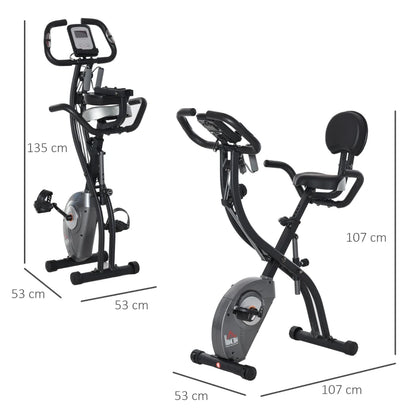 HOMCOM Cyclette Pieghevole con Schienale, Bande Elastiche e 8 Livelli di Resistenza Regolabile, Cyclette da Casa Silenziosa con Display LCD, Sensore di Frequenza Cardiaca, Porta Cellulare e Ruote