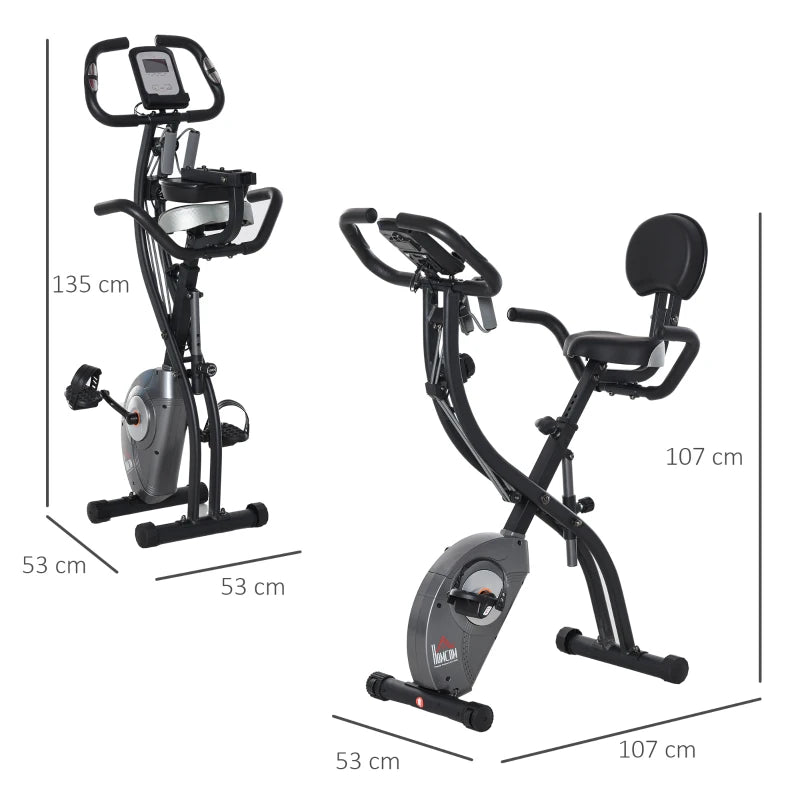 HOMCOM Cyclette Pieghevole con Schienale, Bande Elastiche e 8 Livelli di Resistenza Regolabile, Cyclette da Casa Silenziosa con Display LCD, Sensore di Frequenza Cardiaca, Porta Cellulare e Ruote